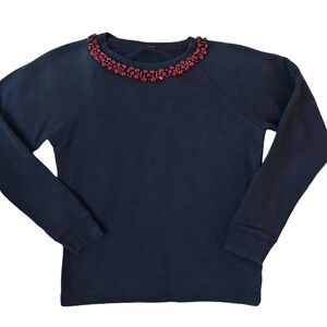J. Crew Navy Crew Neck Sweatshirt with Red Stone Embellishments Sz S